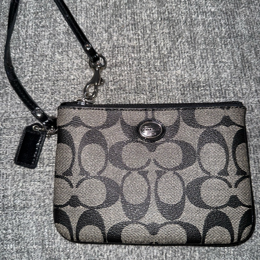 Coach Black and Gray Monogram Wristlet with Metallic Accents